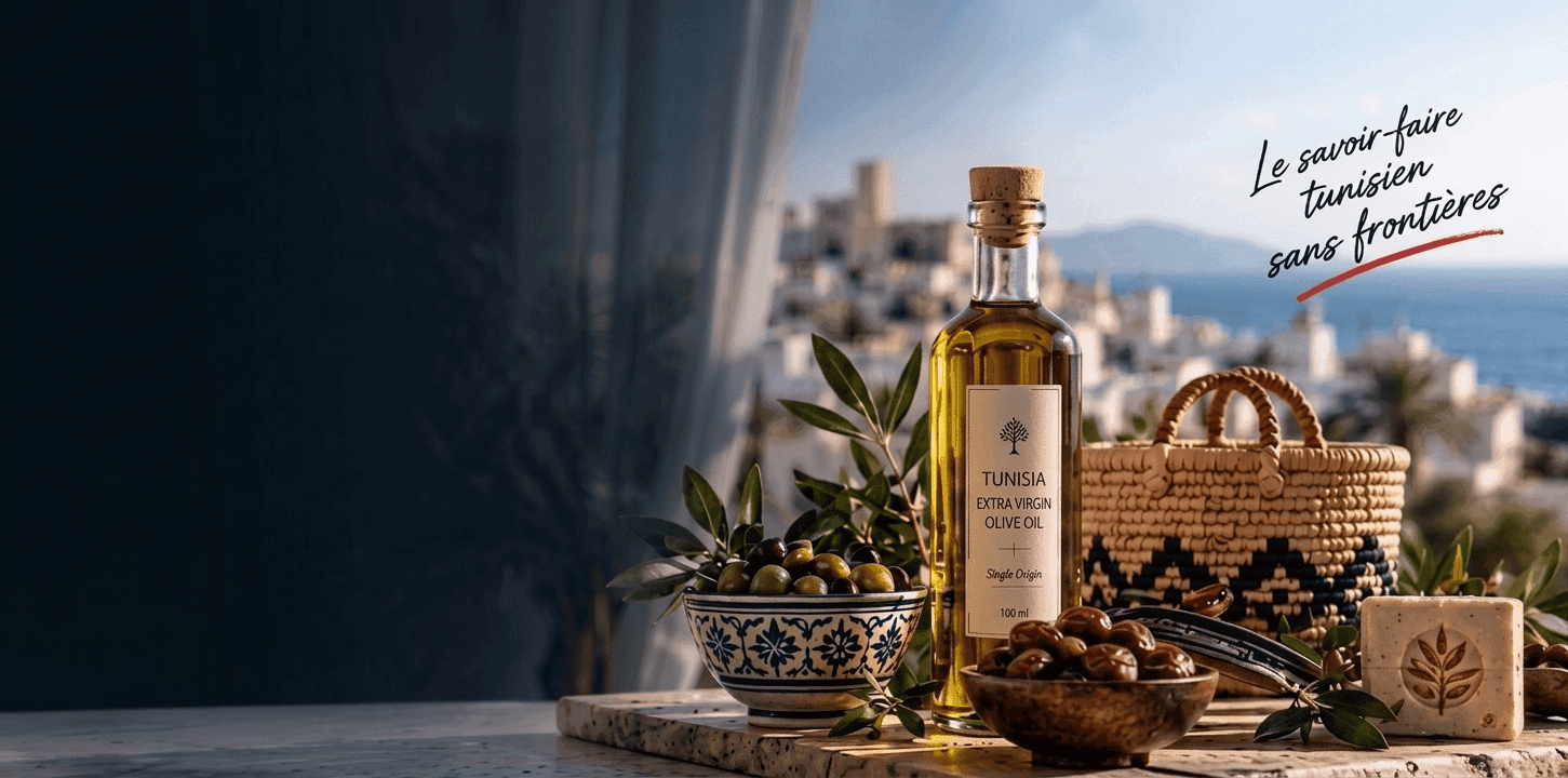 Huile d'olive extra vierge tunisienne, dattes et artisanat sur une terrasse méditerranéenne — Le savoir-faire tunisien sans frontières