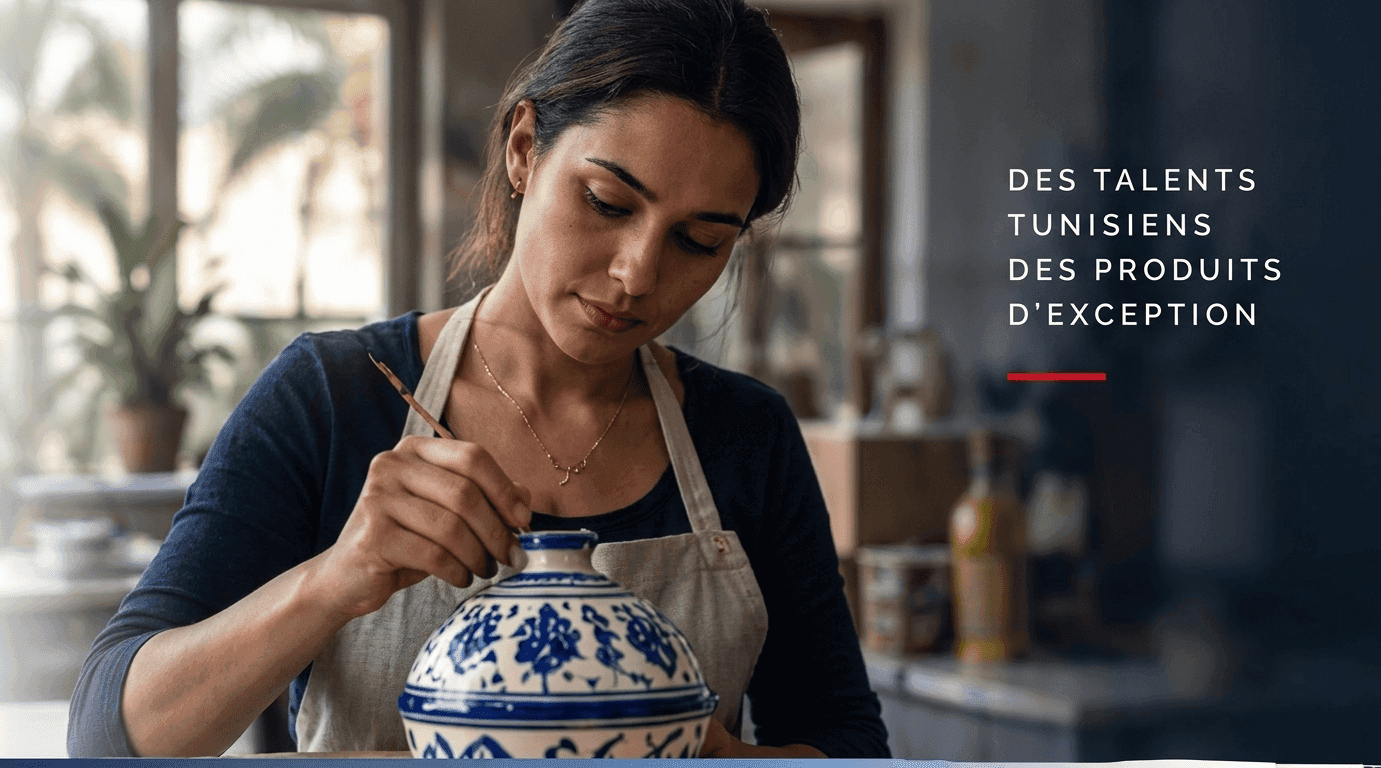 Artisane tunisienne peignant une poterie traditionnelle — des talents tunisiens, des produits d'exception